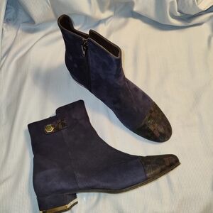 Brunate Suede Ankle Boots With Gold Heel Trim And Mixed Color Leather Toe